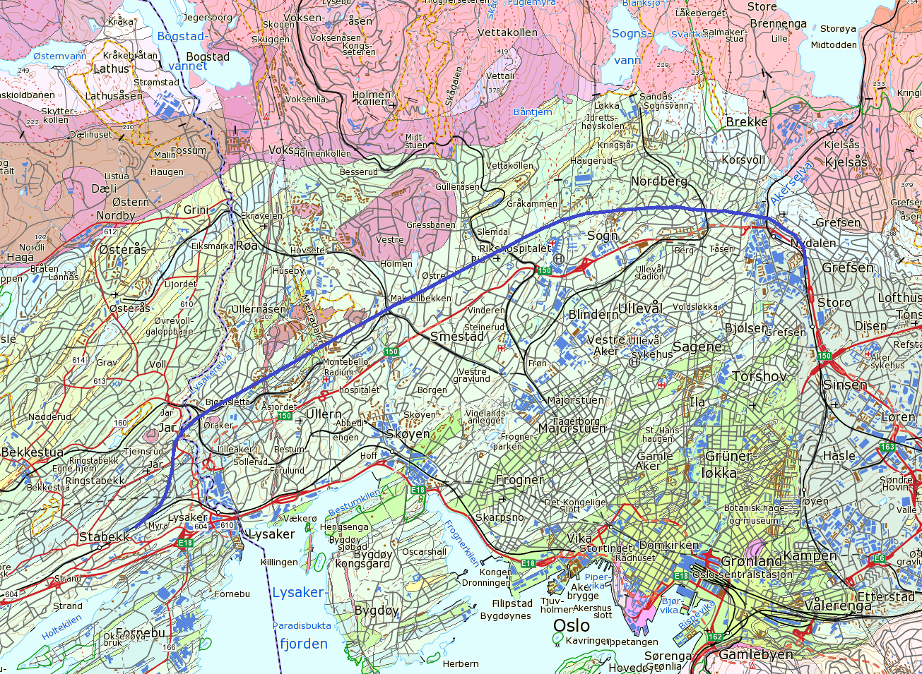 Side 95 Figur 123: Bergartskart. Etter NGU. Blå strek viser trasé for godstog. 11.3 Topografi og løsmasser Høyde på terrenget langs tunneltraseen varierer fra ca.