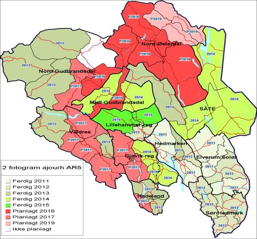 Førstegangs periodisk ajourføring er gjennomført i samtlige kommuner i Hedmark og Oppland. Arbeid med 2. gangs periodisk ajourføring pågår, under halvparten av kommunene i Hedmark og Oppland gjenstår.