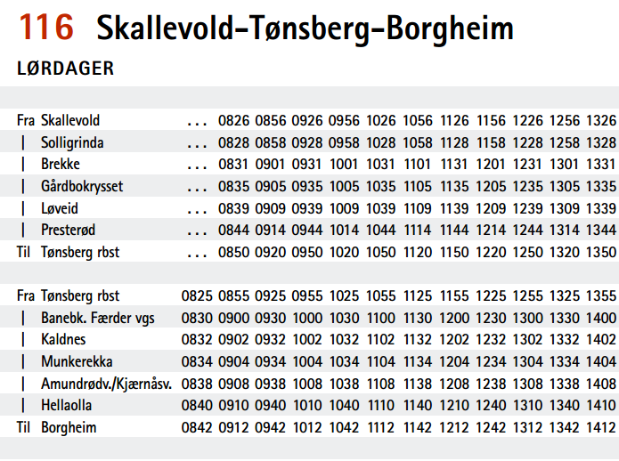 Stive rutetider Innebærer at bussene kjører på faste minuttall fra holdeplassene, som er enkelt å huske for faste kunder. Er i stor grad gjennomført i Vestfold.