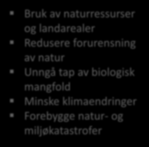 natur Unngå tap av biologisk mangfold Minske klimaendringer Forebygge natur- og miljøkatastrofer