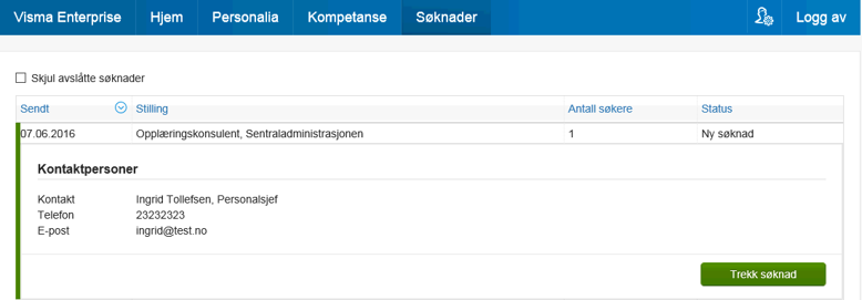 For ansatte vil tilsvarende oversikt også ligge direkte i Enterprise, under fanen Meg selv/søknader. Ved å klikke på linje med stilling, kommer man inn på detaljer for stillingen.