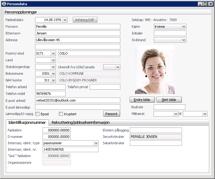 Merk: Unik personidentifikator (fødselsnr/d-nummer/internasj ident nr) er ikke obligatorisk i Enterprise Rekruttering, men kan vedlikeholdes på persondata under søkerdetaljer.