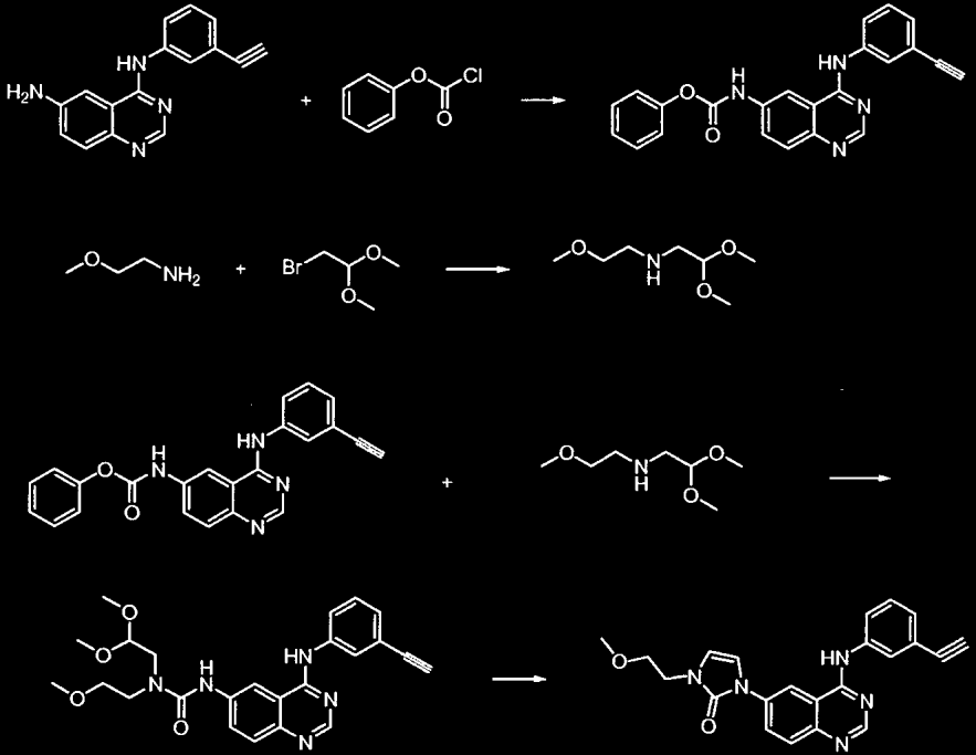 31 1 2 [019] Til en oppløsning av N4-(3-etynylfenyl)kinazolin-4,6-diamin (0 mg, 0,38 mmol) i DMF (2 ml) som inneholdt pyridin (37 ml, 0,46 mmol), tilsatte man fenylklorformiat (49 ml, 0,38 mmol)