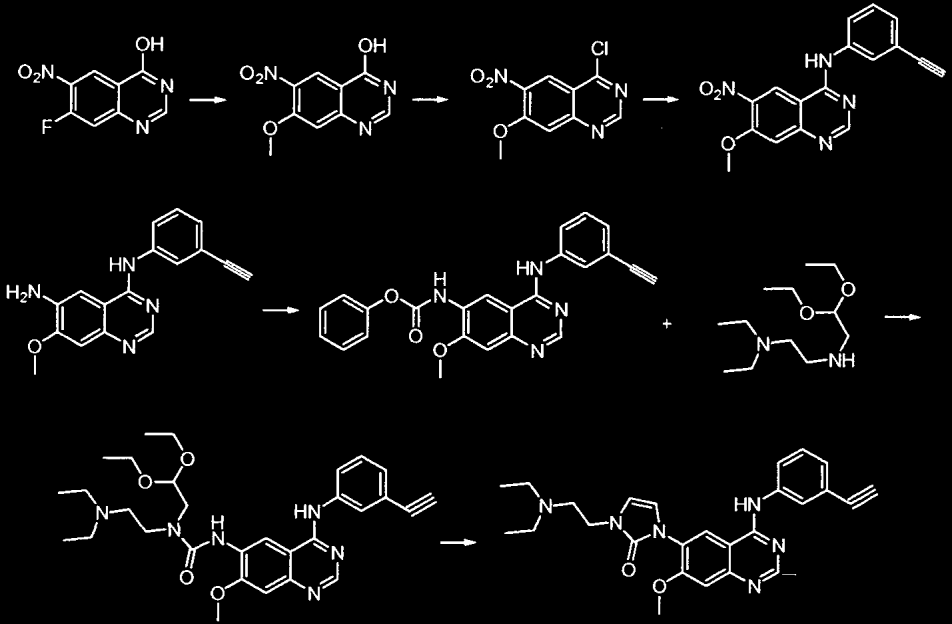 39 [0249] Til en oppløsning av 1-(2, 2-dietoksyetyl)-1-(2-(dietylamino)etyl)-3-(4-(3- etynylfenylamino)-7-fluorkinazolin-6-yl)urea (4 mg, 0,08 mmol) i DMF (2 ml) tilsatte man p- toluensulfonsyre (28,
