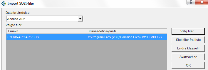 Klassefila må være for produktspesifikasjon 4.6. Hvis det er valgt feil klassefil må fil Klasser-4.6FKB.txt hentes inn manuelt. (Utvalgsfil er valgfri).