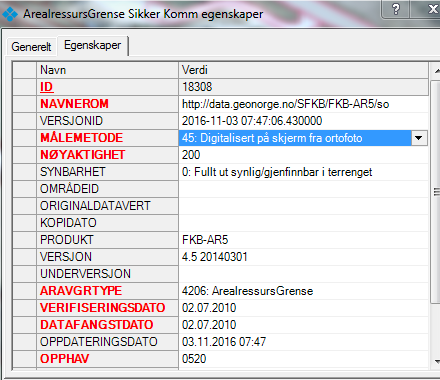 4.2. Slik redigerer du egenskaper Egenskaper legges inn på AR5grenser og AR5flater i egen operasjon eller som en del av digitaliseringa av nye objekt.