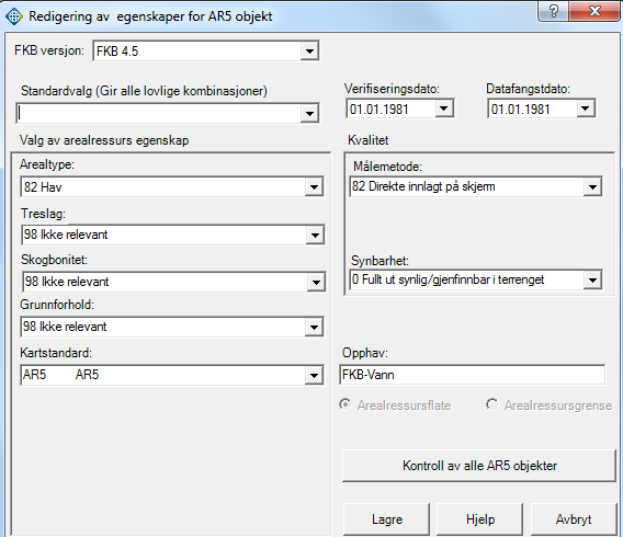 5.3. Sjekk og rett egenskaper Kommandoen AR5 i meny WinMap, kontrollerer alle kombinasjoner av egenskapene Arealtype, Treslag, Skogbonitet og Grunnforhold. Kontrollen kjøres mot hele basen og er rask.