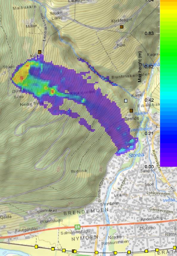 Figur 5-3: Simulering av snøskred (RAMMS).