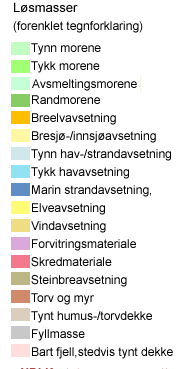 Løsmassekart fra NGU viser at løsmassene i planområdet består av bresjø- og innsjøavsetninger mens det i fjellsiden er morenemateriale som dominerer.