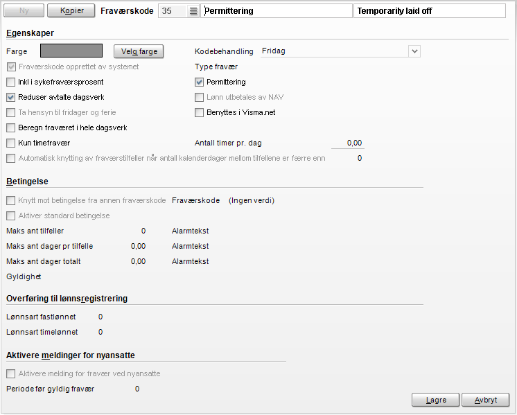 Fraværskoder På fraværskode er det nå lagt inn et nytt felt - en sjekkboks for "Permittering". Denne er kun tilgjengelig på fraværskoder som har kodebehandling "Fridag".