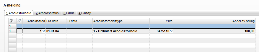 Ansatt / Arbeidsforholdstype Det er lagt inn felt for "arbeidsforholdstype" i tabellen "Ansatt \ Arbeidsforhold" på fane 5.