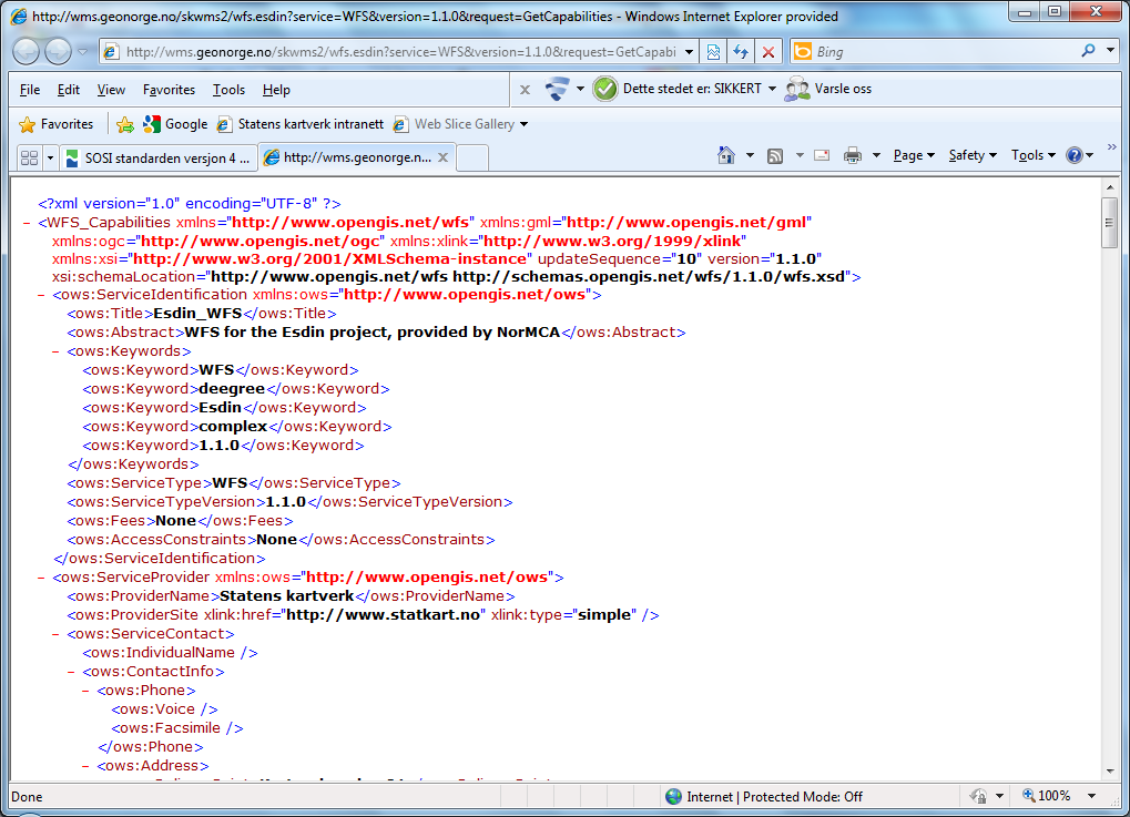 WFS-TJENESTER Wfs gir gml basert på sosi datamodell Wfs gir