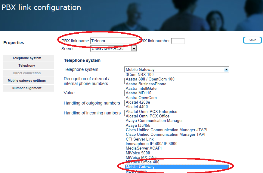 InAttend konfigurasjon CTI Telenor Gi PBX linken ett navn, link