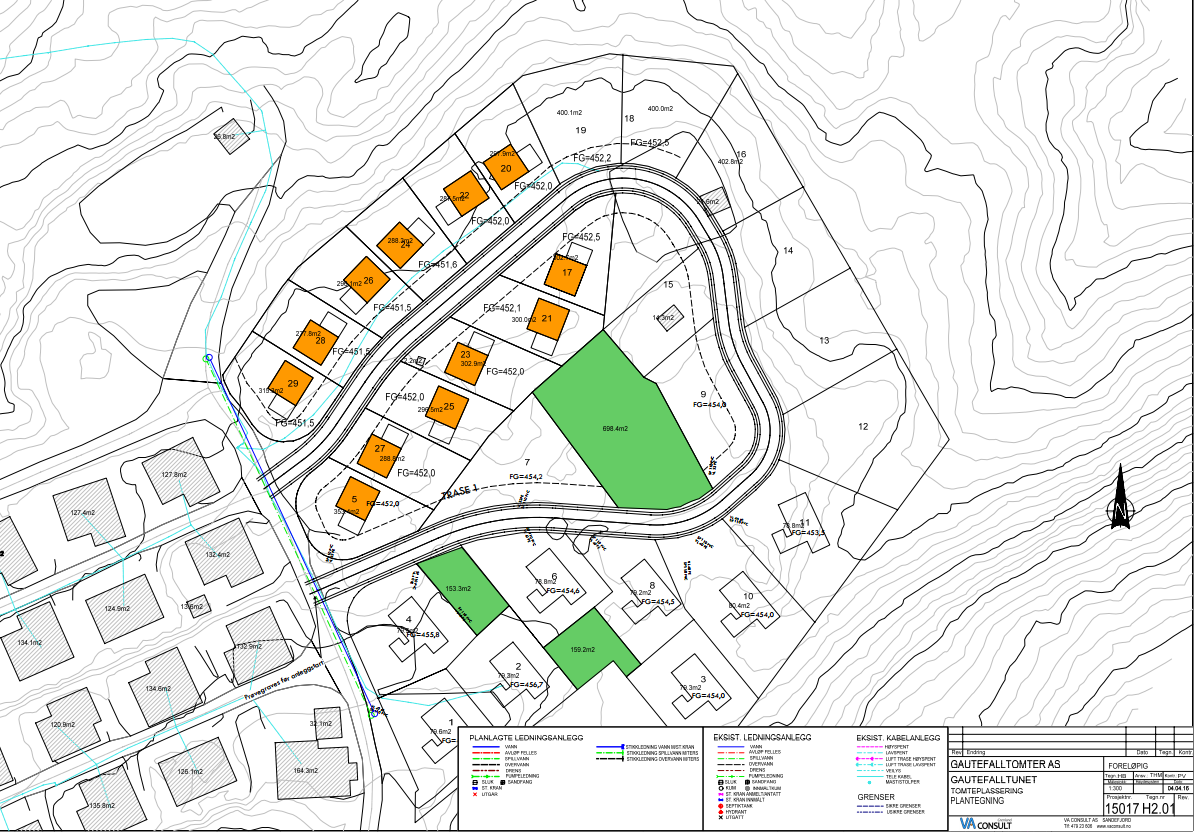 Tomtekart over Gautefalltunet ( FG betyr høyden på gulvet i 1 etg, de andre tallene viser tomtas