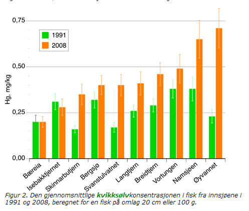 Det har vært en Hg økning i abbor på nærmere 60% fra 1991 til 2008! SFT/NIVA Rapport: Fjeld og Rognerud 2009 Fig.1. THg i abbor (Perca fluviatilis) i 1991 og 2008 Figure 2.