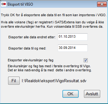 Overføring fra VIGO Voksen til VIGO Resultatfil Eksporten må kjøres senest innen 28. september (evt. også innen 17.