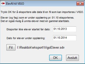 Overføring fra VIGO Voksen til VIGO Elevfil Eksporten må kjøres senest innen 07. november (evt. også innen 21.