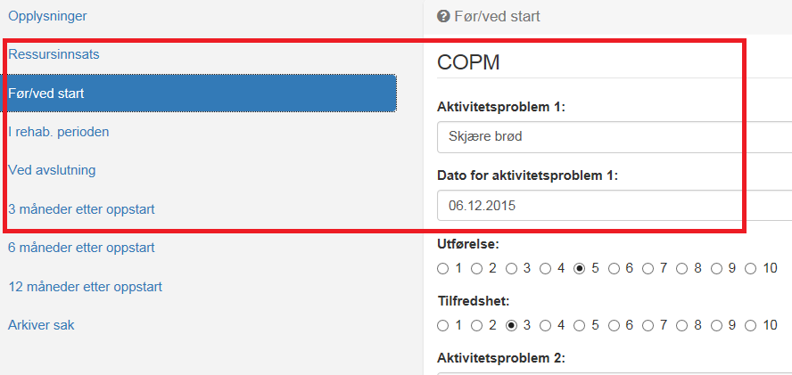 Aktivitetsproblemene som blir opprettet kopieres automatisk videre slik at når skår for tilfredshet og utførelse skal registreres ved