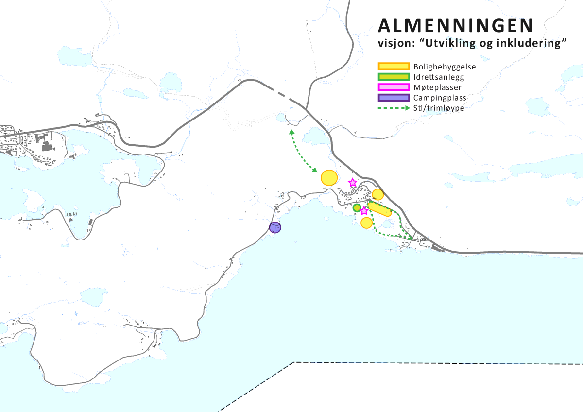 9.5 OPPSUMMERING AV FOLKEMØTET Utvalg av de viktigste tiltakene Som følge av folkemøtet er det laget et oppsummerende kart som gir innspill til videre planarbeid i området.