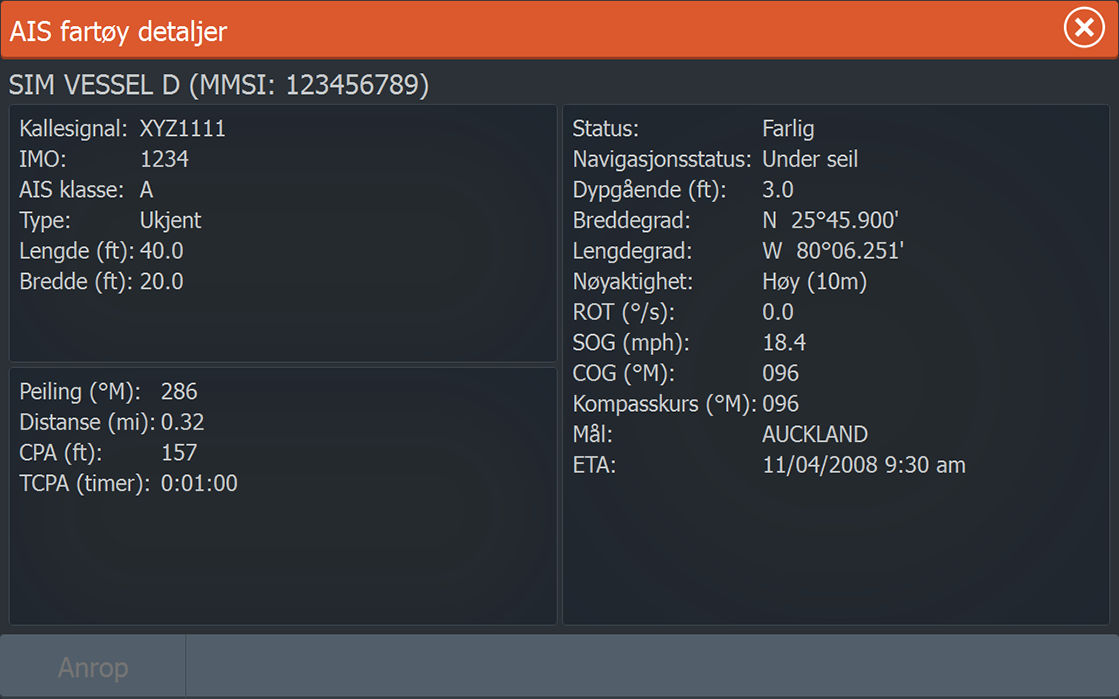 Anrope et AIS-fartøy Hvis systemet inkluderer en VHF-radio som støtter DSC-anrop (Digital Select Calling) via NMEA 2000 (bare ELITE-7Ti) eller NMEA 0183, kan du starte et DSC-anrop til andre fartøy