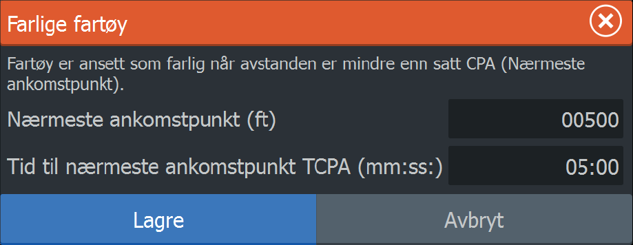 Ikonfiltre Alle mål vises som standard i vinduet hvis det er koblet en enhet for automatisk identifikasjonssystem (AIS) til systemet.