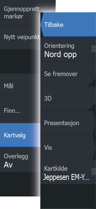 Jeppesen-spesifikke kartalternativer Orientering, Se fremover, 3D og Bytt kartkilde (beskrevet tidligere i denne delen) er felles for alle karttyper.