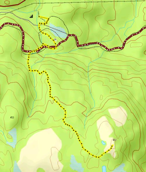 Følg lysløypa i ca 700 meter før du tar av i hogstfeltet mot toppen (488 moh).