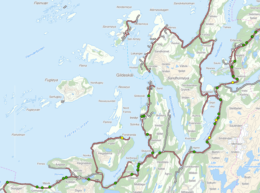 2.4 Geografisk fordeling En kartplotting av ulykker viser at samtlige registrerte personskader i trafikken i Gildeskål de siste ti årene har skjedd langs fylkesveiene.