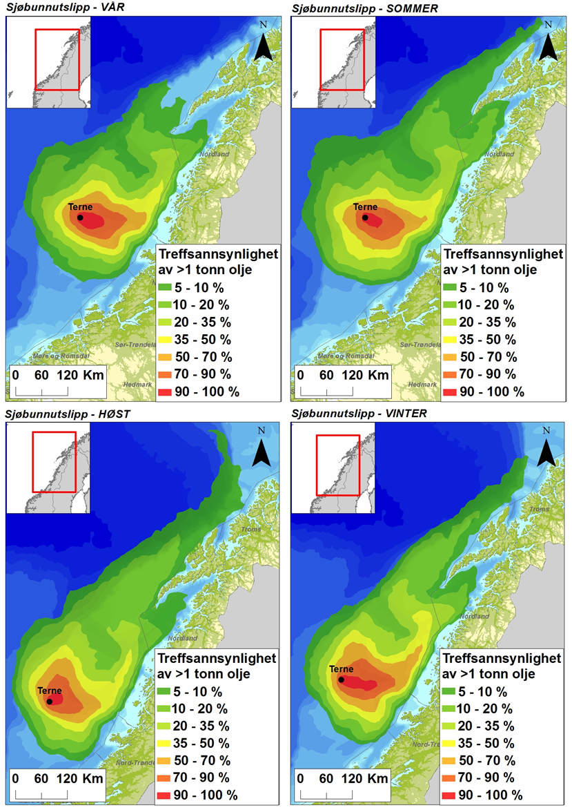 Figur 7.2. Sannsynligheten for treff av mer enn 1 tonn olje i 10 10 km sjøruter gitt en sjøbunnutblåsning fra 6507/57 Terne i hver sesong.