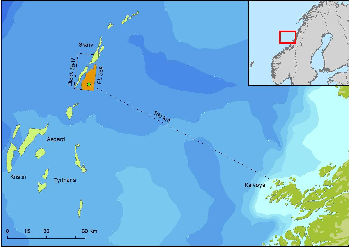 Figur 2.1 Plassering av 6507/5-7 Terne i Norskehavet Vanndypet på lokasjonen er ca. 404 m, og planlagt oppstart av boreaktivitet er mars/april 2014.