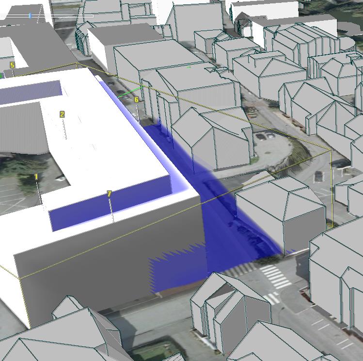 3D- analyse med snitt viser konsekvensen av forskjellige høyder for byrommet og fasaden på motsatt side.