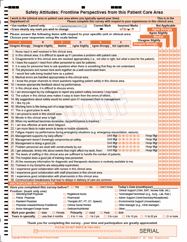 Spørreskjema: Safety Attitudes Questionnaire (SAQ) Brukt ved over 2000 sykehus i 11 land; USA, New Zealand og i Europa Utviklet av prof.