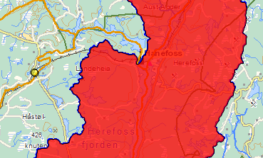 8 Tovdalsvassdraget er nærmeste verna vassdrag til Brufossen. Området i rødt viser verneområdet for Tovdalsvassdraget. Ellers er området preget av inngrep da mellom annet jernbanen krysser Brufossen.
