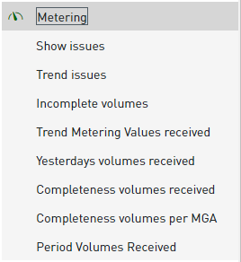 Kort informasjon om menyvalg Vis issues Oversikt issues relatert til profilmålte målepunkt Trend issues Trend løsningsrate Incomplete volumes Oversikt issues relatert til timesserier Trend Metering