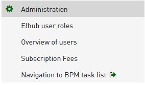 Kort informasjon om menyvalg Elhub user roles Alle tilgjengelige roller fordelt per aktørtype Overview of users Administrators oversikt over