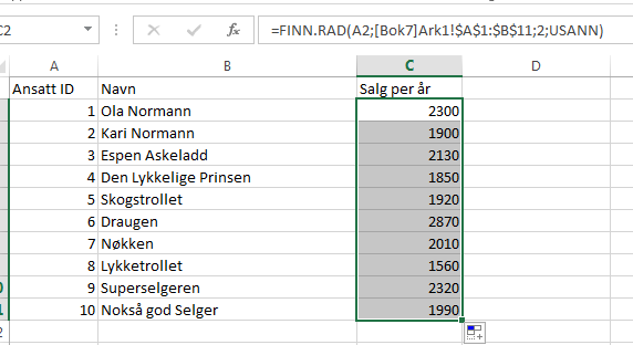 Jeg bruker alltid USANN, da får jeg kun treff når søkeverdien er nøyaktig lik i begge regnearkene. Dette blir resultatet. Salgstallene er kopiert inn til riktig selger i regnearket.