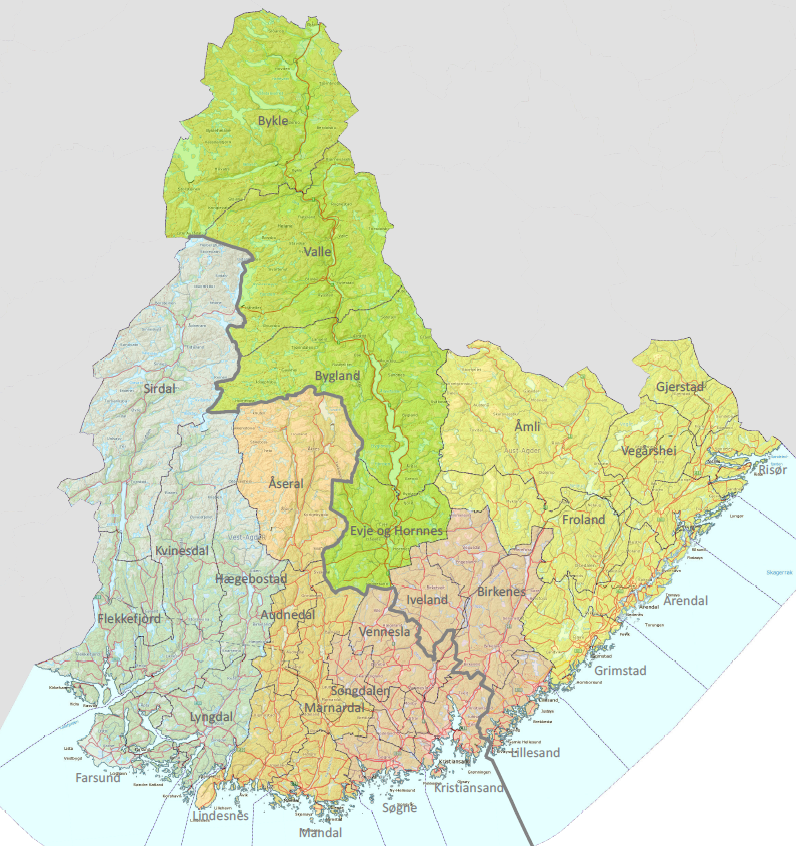 VEDLEGG 1: KART Figur 1: Kartet viser hvordan de 30 kommunene på Agder fordeler seg på 5 faste regionsamarbeid. Hoveddelen av det interkommunale samarbeidet foregår innenfor disse regionene.