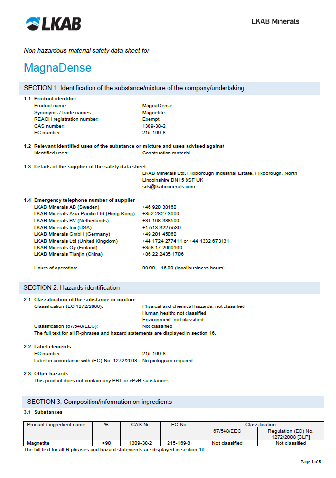 Vedlegg 2 Sikkerhetsdatablad for MagnaDense