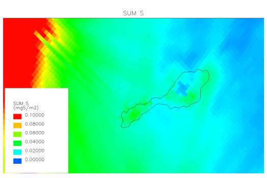 37 Figur 6.5: Beregnet total årsavsetning av svovel for tre regioner for bakgrunnssituasjonen (venstre) og forskjellen pga petroleumsutslippene (høyre).