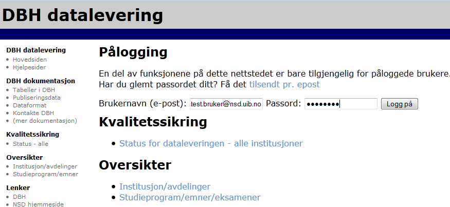 Hvordan rapportere økonomidata: Logg deg på DBH-datalevering ved å gå til siden: https://dimp.nsd.uib.no/.