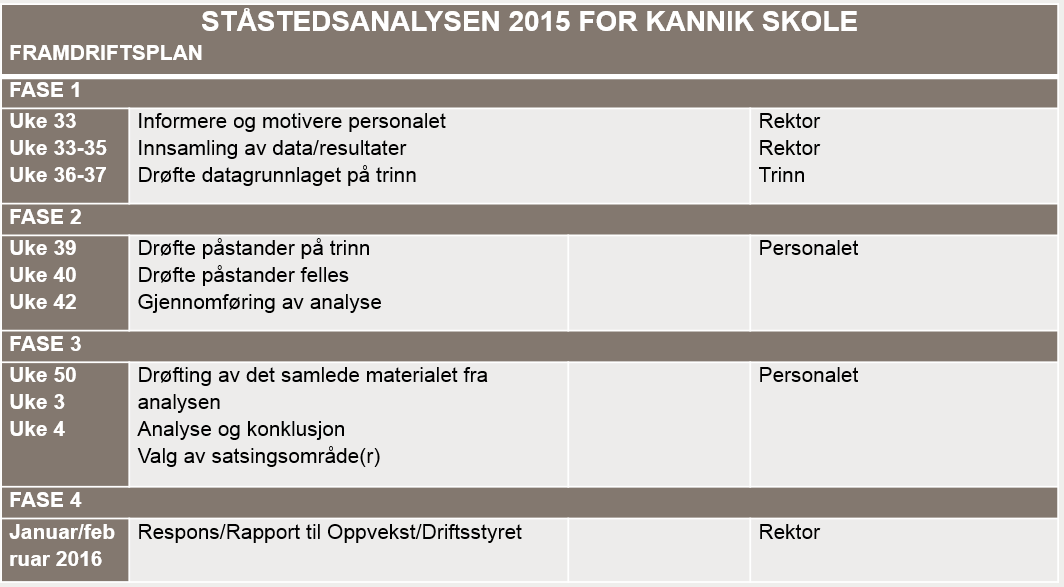 I denne fasen ser personalet materialet fra fase 1 og fase 2 under ett. Personalet drøfter og analyserer det sammenstilte materialet. Ledelsen legger opp prosessen slik at personalet blir involvert.