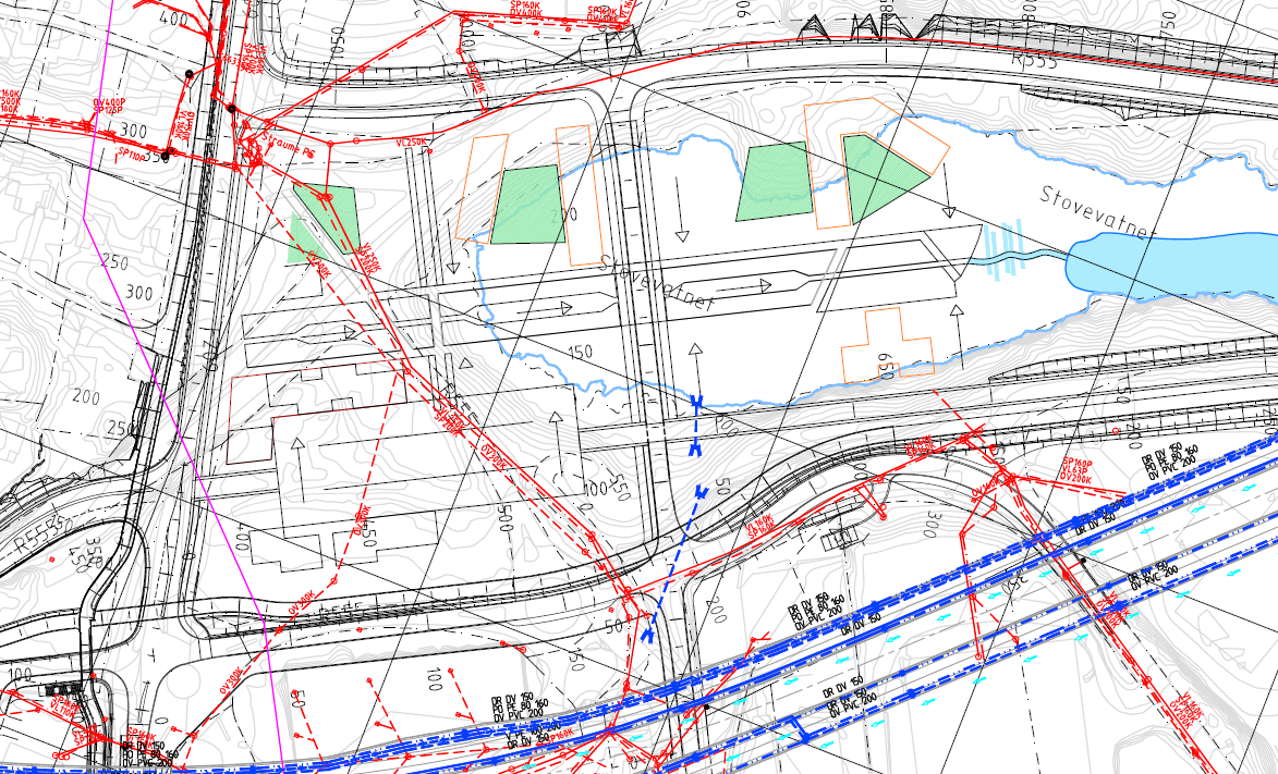 Ny sentrumsutbygging kan komme i konflikt med eksisterende ledningsnett og må tilpasses ny bebyggelse når denne realiseres. Ledningene kommer ikke i konflikt med ny vegsituasjon.