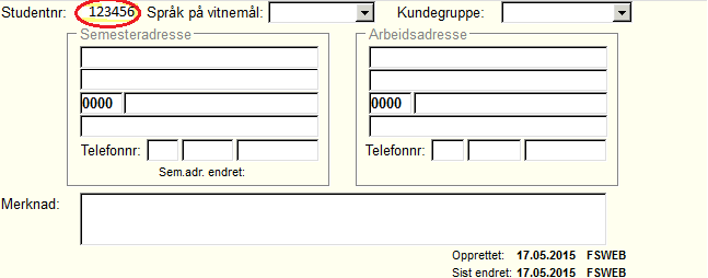 Endring av adresse, ekstern e-post, språk, m.m. må foretas i dette bildet. Dette er også informasjon studenten selv kan endre på StudentWeb, og endringer vil da automatisk bli oppdatert i FS.