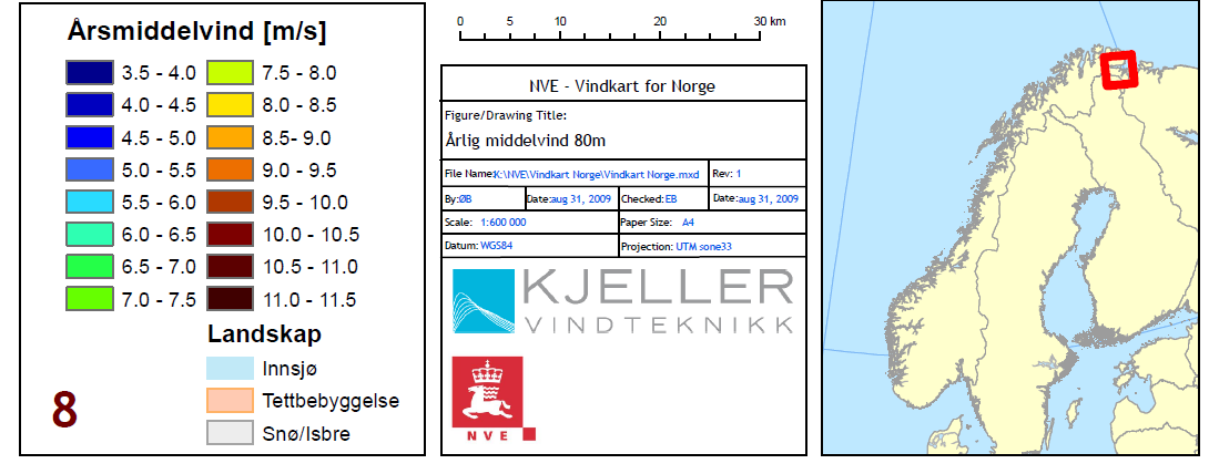 Lokal energiutredning Vadsø kommune 2013 16 6.2. Energi fra vindkraft Kilde: www.nve.no Vadsø kommune har nok vind som energikilde tilgjengelig innenfor hele kommunens areal.