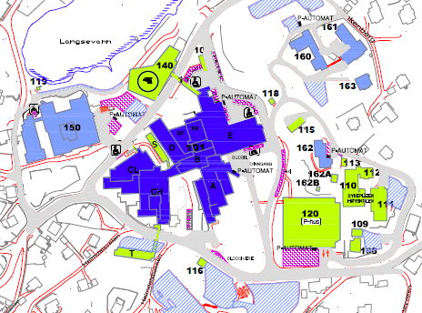 7 SSA, Arendal. 7.1 Beskrivelse Figur 9, Orienteringsplan SSA Sykehusets hovedbygg nr 101 består av A, B, C, D og E-fløy, Fyrhus og kjøkken.