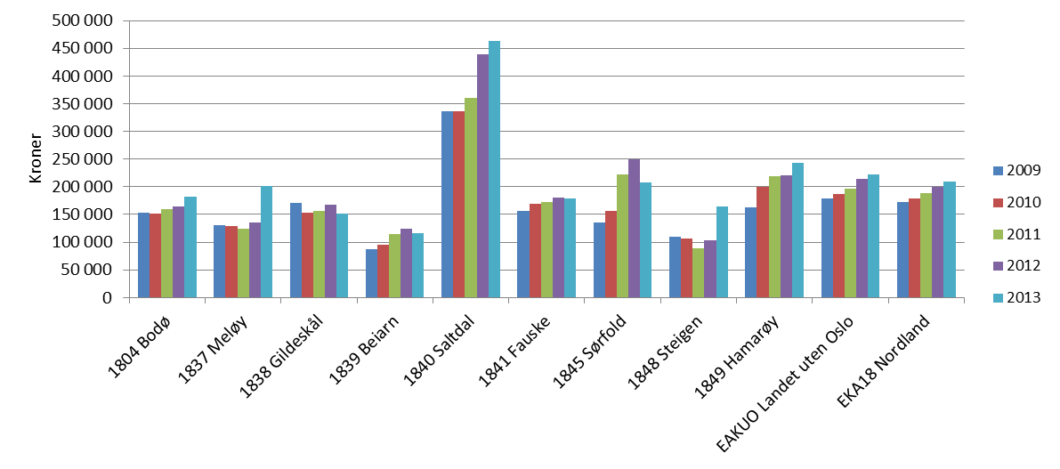 Rapport Utredningsnotat B Salten Regionråd Figur 22: Prosentvis fordeling av tjenester knyttet til pleie- og omsorg i 2013, Kilde KOSTRA Tallene i figuren over viser at Salten kommunene har ulik