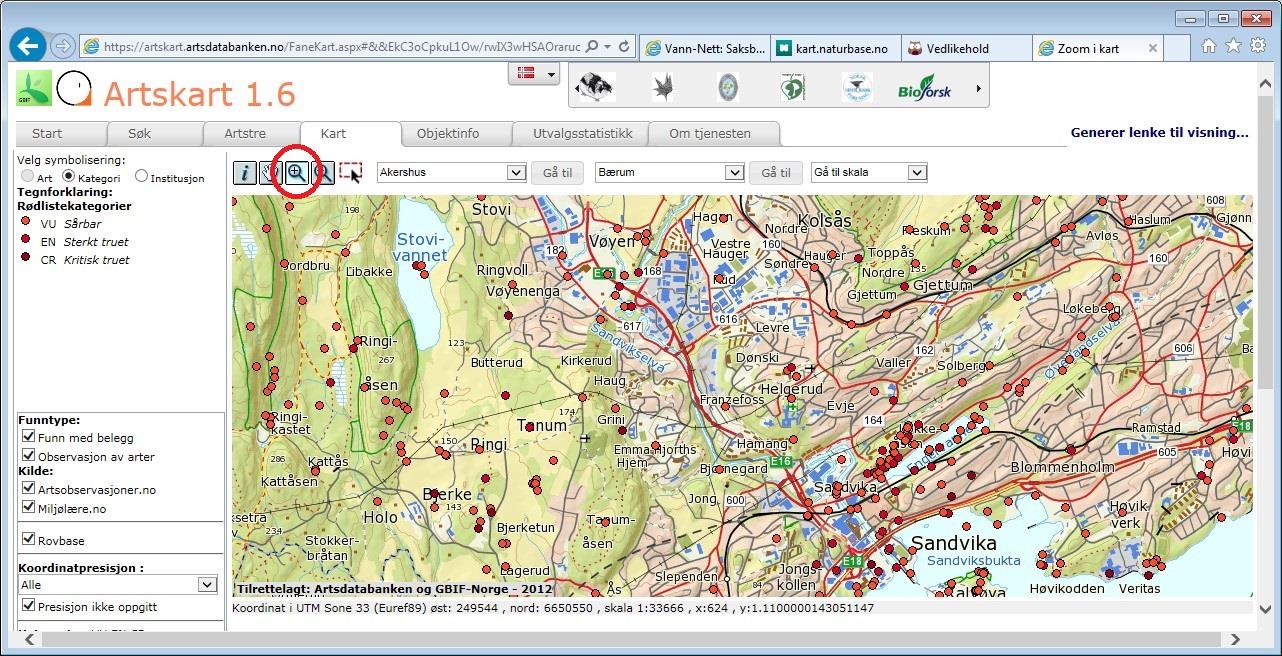 . https://artskart.artsdatabanken.no >. Velg fanen «Søk» 3. Søk opp riktig fylke og kommune 4. Huk av «Kritisk truet», «Sterkt truet» og «Sårbar» på høyre side 5.