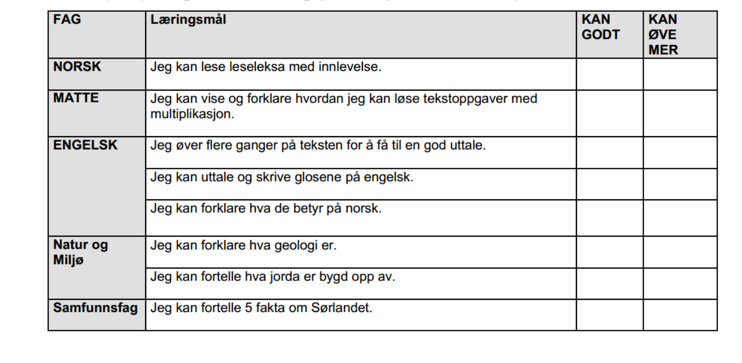 Eksempel : 3-2- 1 3 ting jeg har lært 2 ting som var vanskelig å forstå 1 ting jeg vil lære mer om Få elevene med på å velge ut og presentere bevis på læring Vurder deg selv: Tre ting jeg