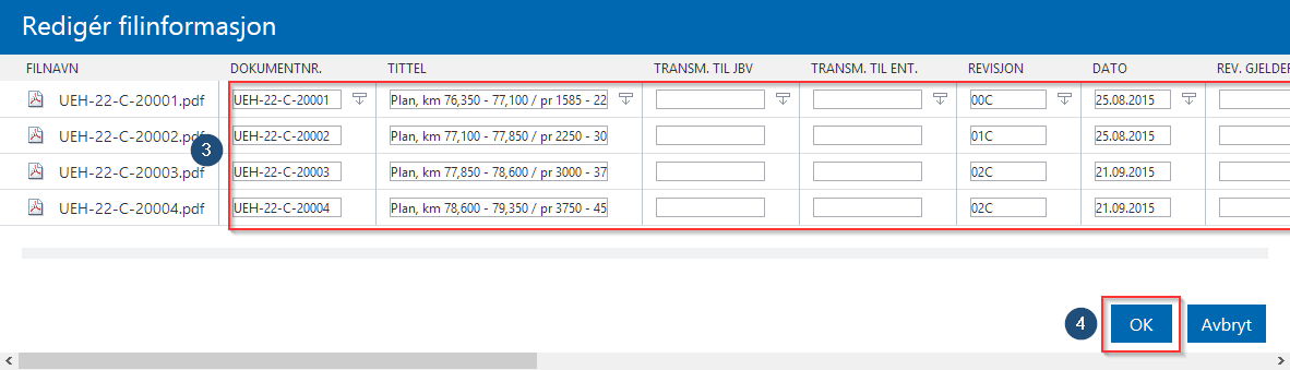 esam/byggeweb Rolleveiledning: Utveksler (Bane NOR og eksternt) side 7/10 Oppdatere filinformasjon på dokumenter (metadata) I Arbeids- og Utgivelsesområdet skjermbildet viser