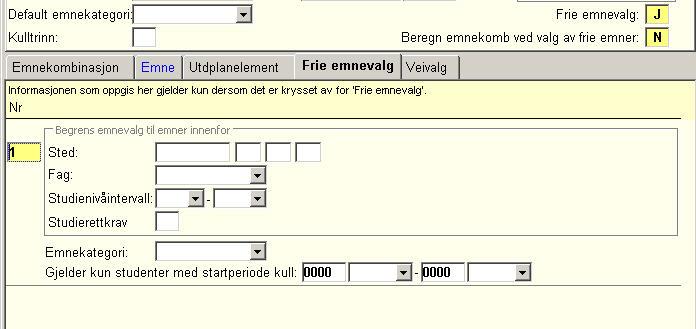 Emnekombinasjon - Frie emnevalg Emnekombinasjon samlebilde - Frie emnevalg Dersom det i øvre del av bildet er merket av i feltet Frie emnevalg, så kan man i underbildet Frie emnevalg evt.